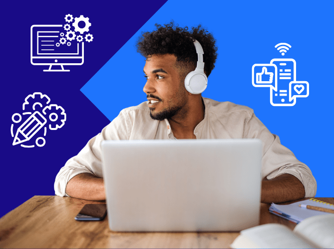 a man with headphones and laptop working from home