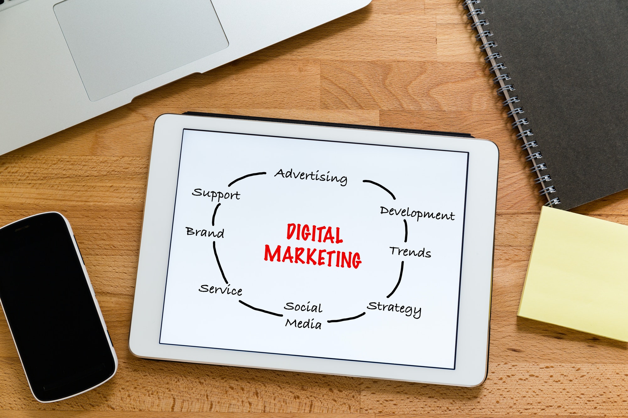 working-desk-with-digital-tablet-showing-digital-marketing-concept