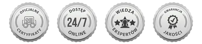 Cztery srebrne okragle tarcze opisujace najwazniejsze korzysci plynace z przystapienia do kursu online Photoroom