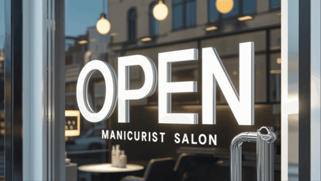 A manicurist salon door with the open sign up