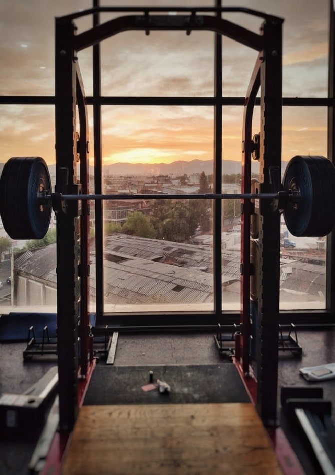 Sunset and equipment at the gym