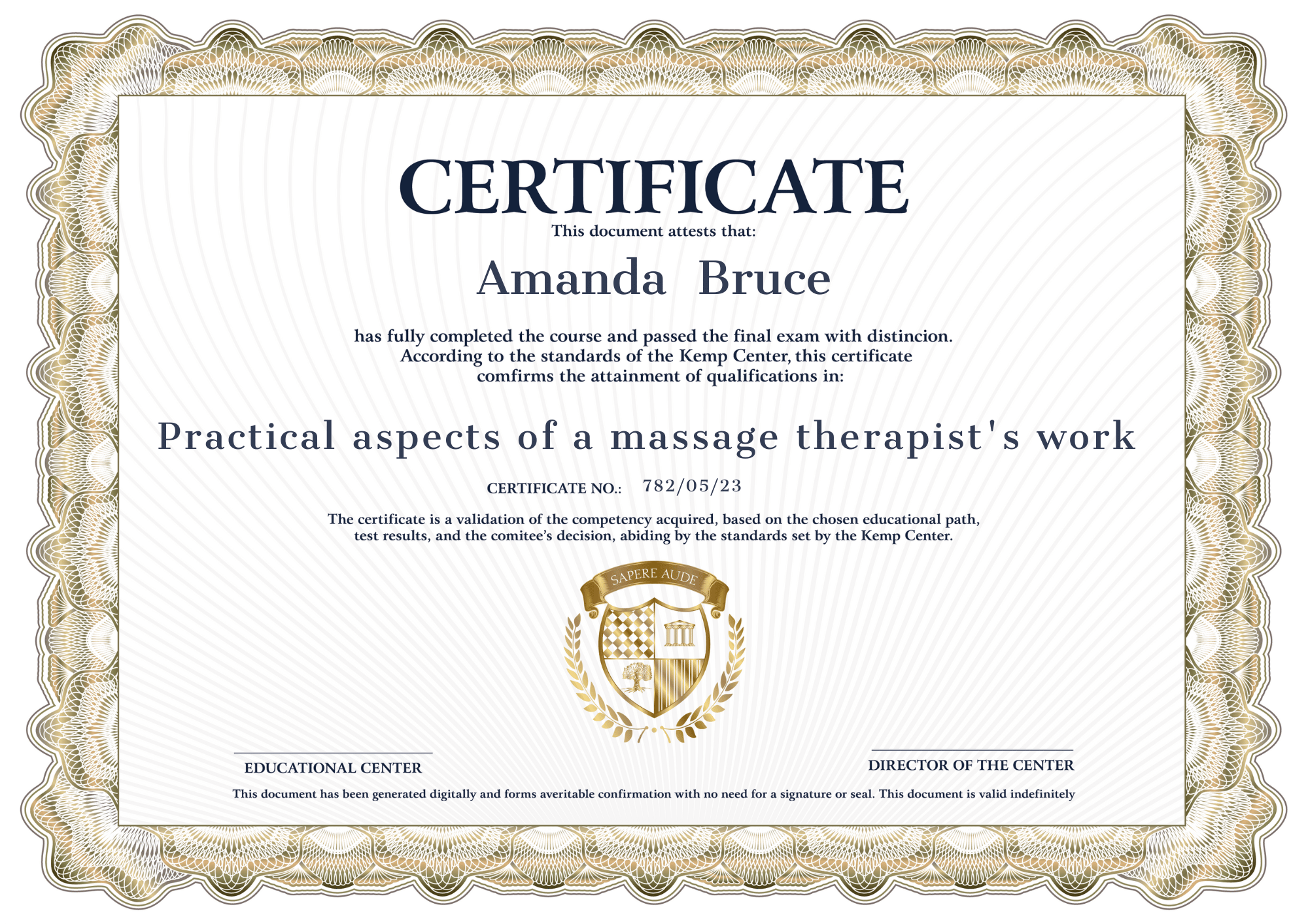 Certificate Practical aspects of a massage therapist's work