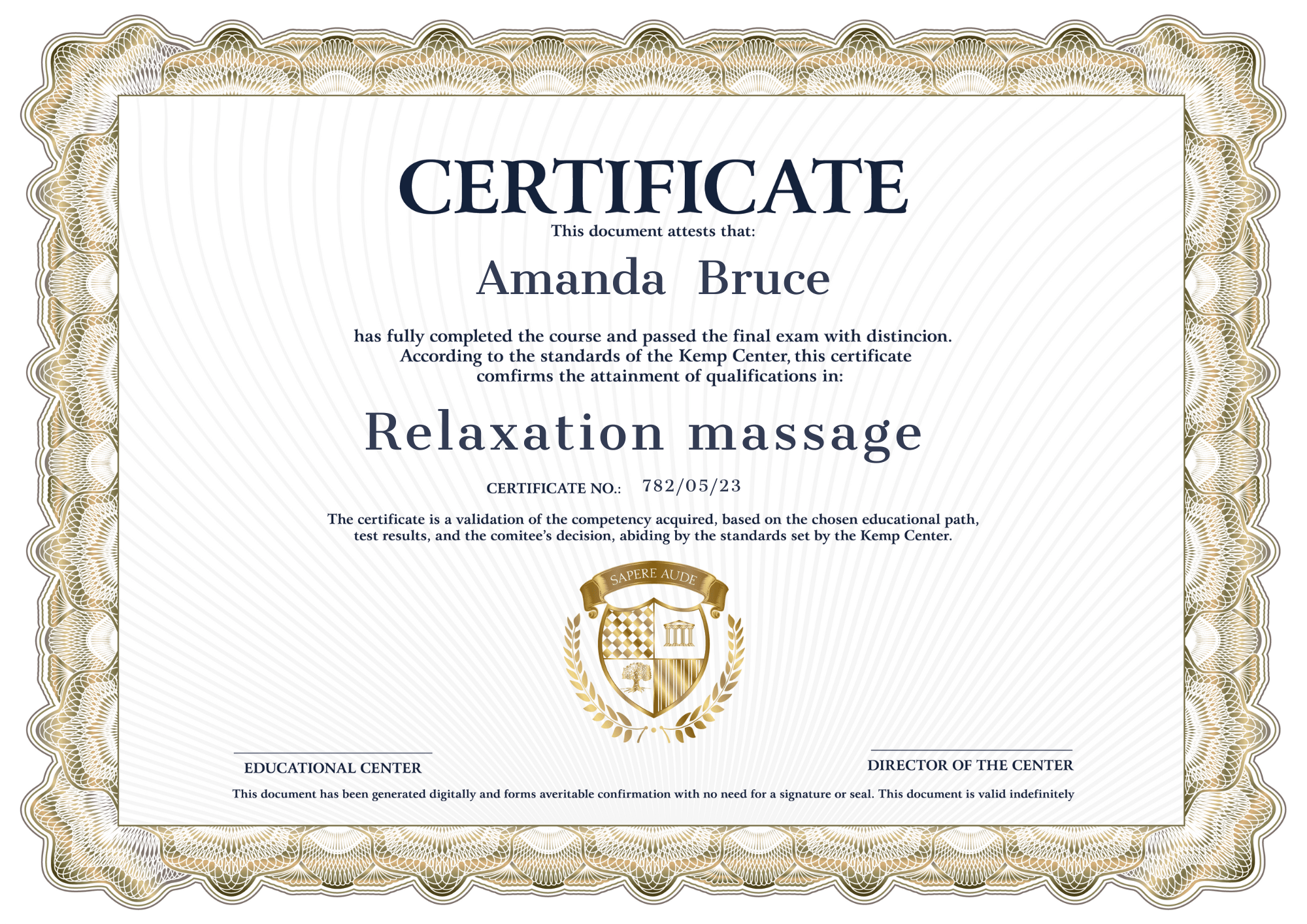 Certificado Massagem de relaxamento