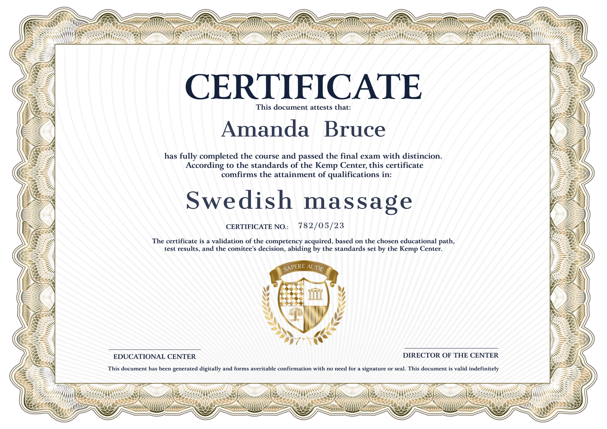 Certificado de massagem sueca
