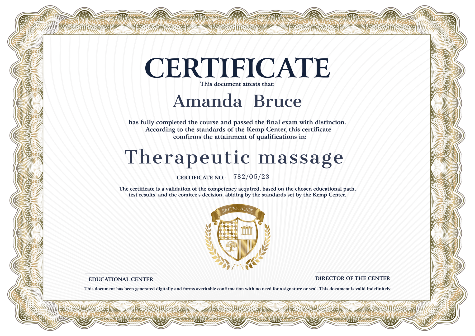CertificateTherapeutic massage