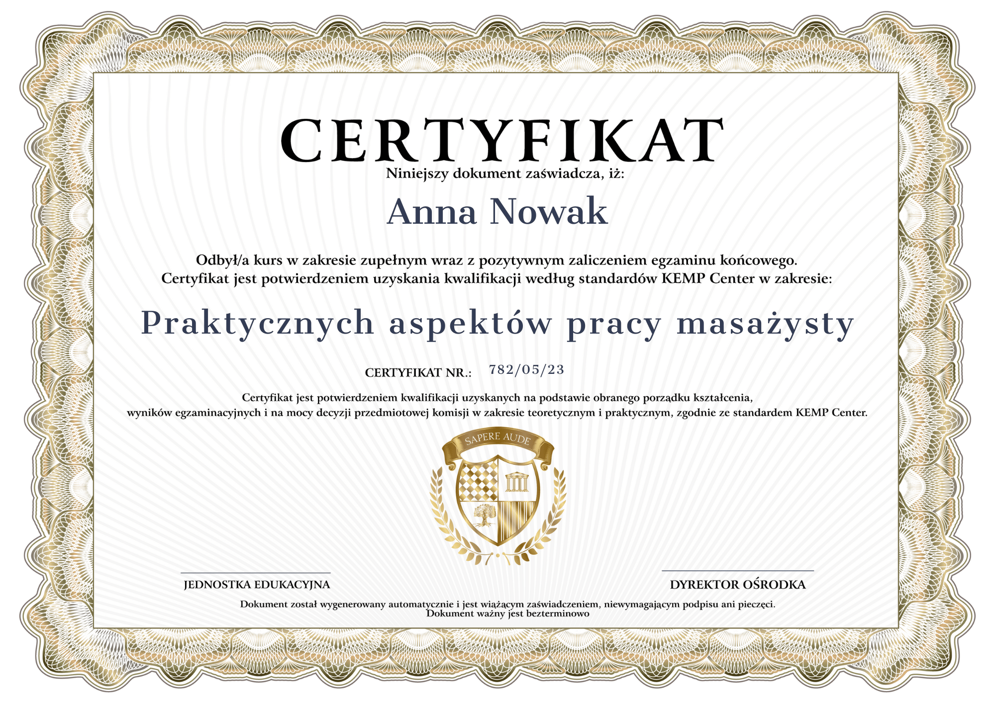 Certyfikat Praktyczne aspekty pracy masażysty